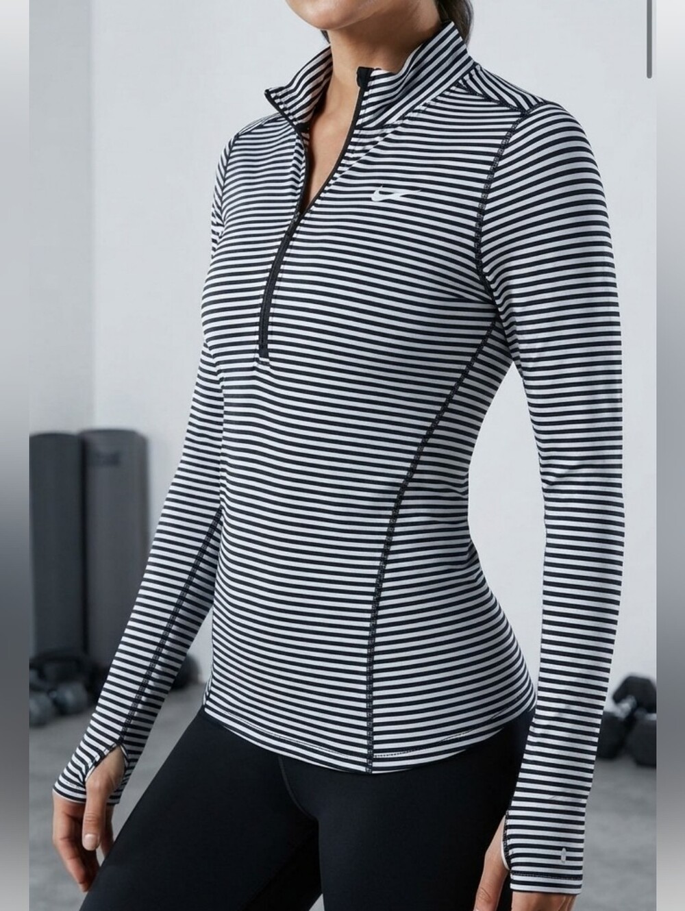 Nike Dri-FIT Black White Striped Quarter Zip Long Sleeve Top Activewear Medium